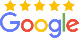 Google logo with five gold stars above it, representing excellent customer ratings for Lombardi Dental.