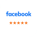 Facebook logo with five orange stars below it indicating a highly-rated review or rating.