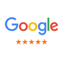 Google logo with five-star rating, indicating positive customer reviews for Lombardi Dental.