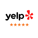Yelp logo with five orange stars indicating excellent customer rating for Lombardi Dental